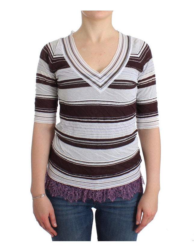 Ermanno Scervino Striped Lace V-Neck Short Sleeve Top Sweater - Ellie Belle