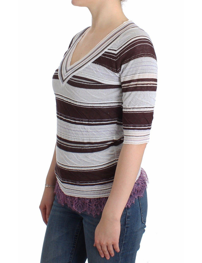 Ermanno Scervino Striped Lace V-Neck Short Sleeve Top Sweater - Ellie Belle