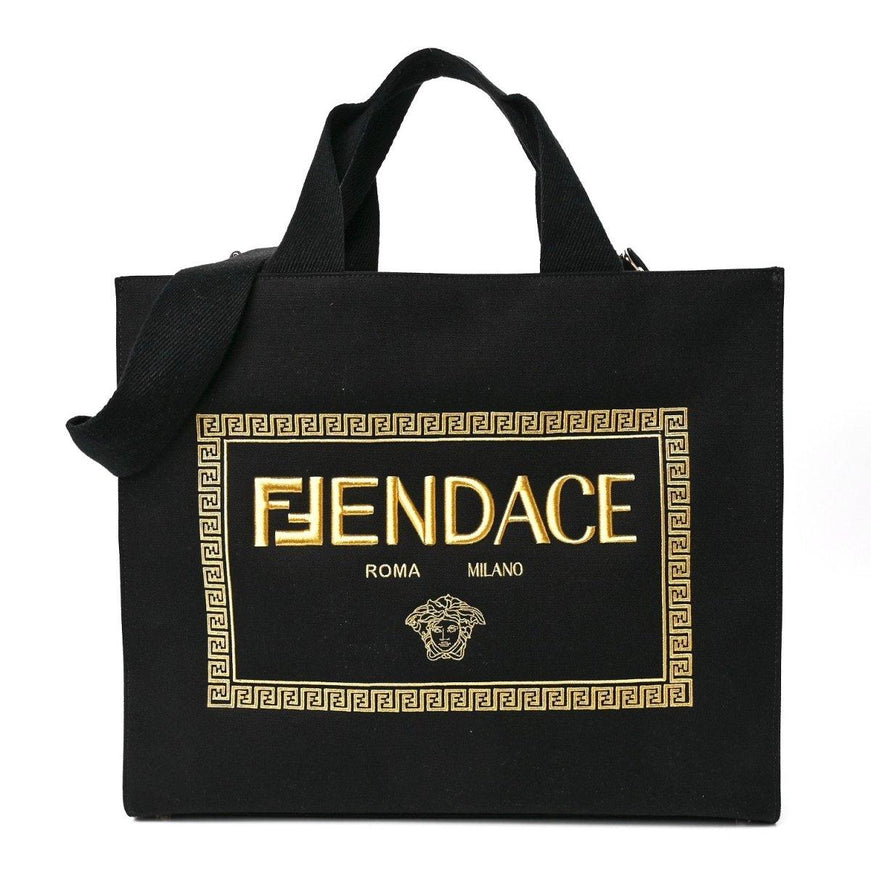 FENDI X VERSACE Canvas Fendace Logo Large Shopping Tote Black - Ellie Belle