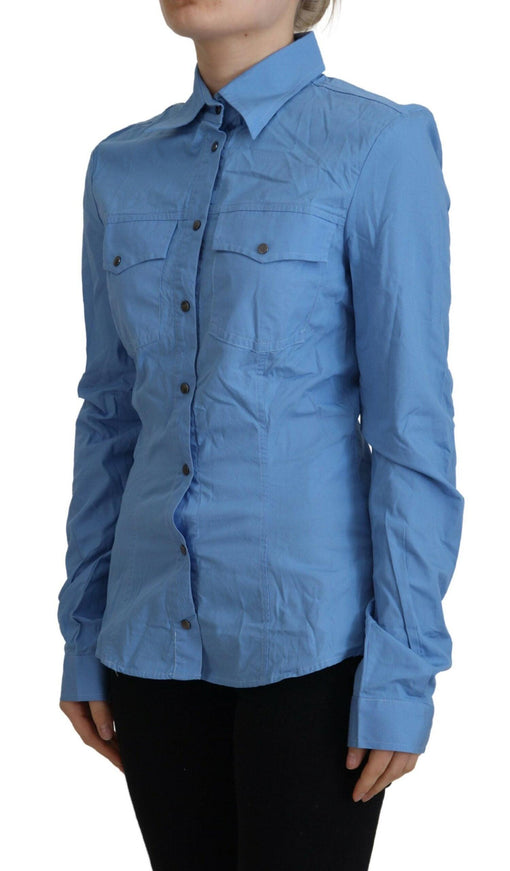 Ferre Blue Cotton Long Sleeves Collared Button Down Top - Ellie Belle