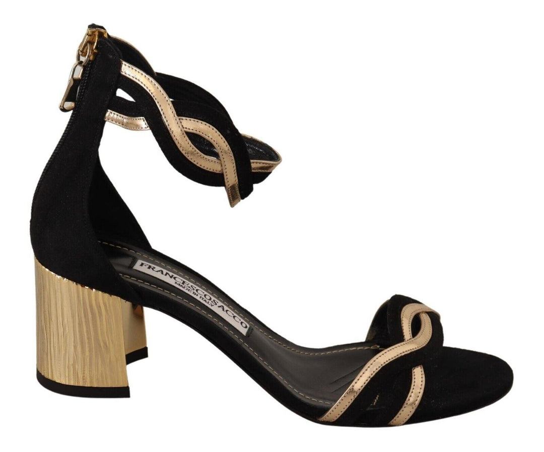 FRANCESCO SACCO Black Gold Leather Suede Ankle Strap Heels Shoes - Ellie Belle