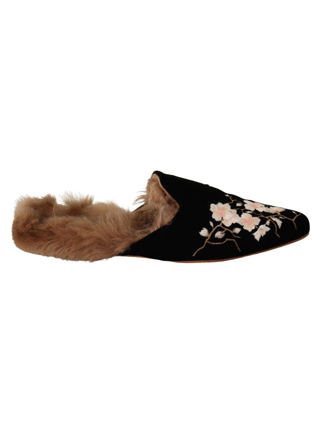 GIA COUTURE Black Velvet Floral Fur Slip On Flats Shoes - Ellie Belle
