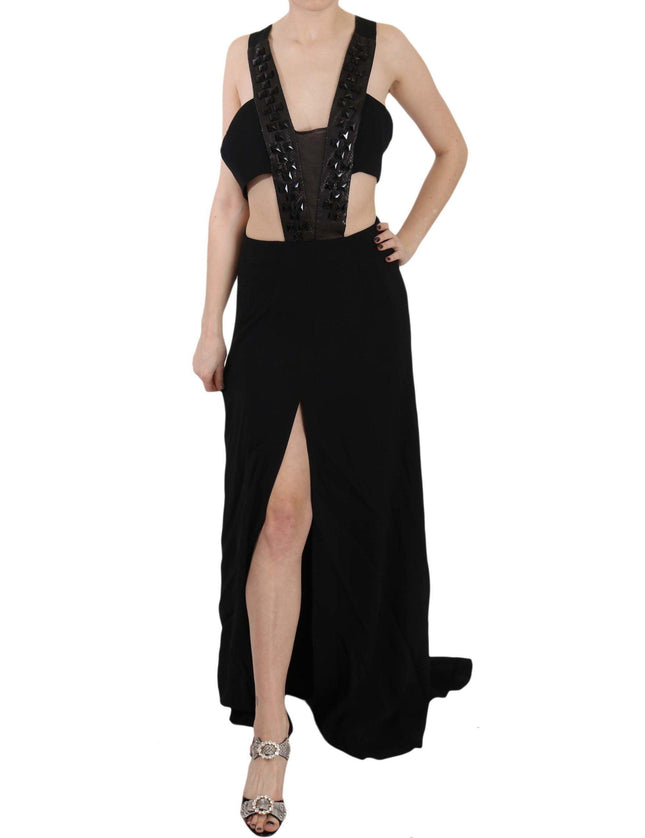 John Richmond Black Crystal Leather Gown Flare Dress - Ellie Belle