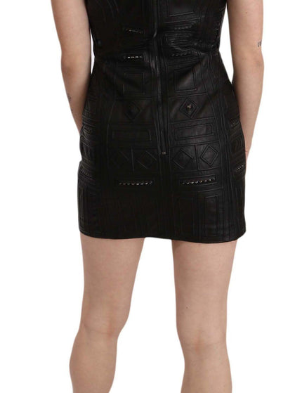 John Richmond Black Leather Studded Mini Shift Dress - Ellie Belle