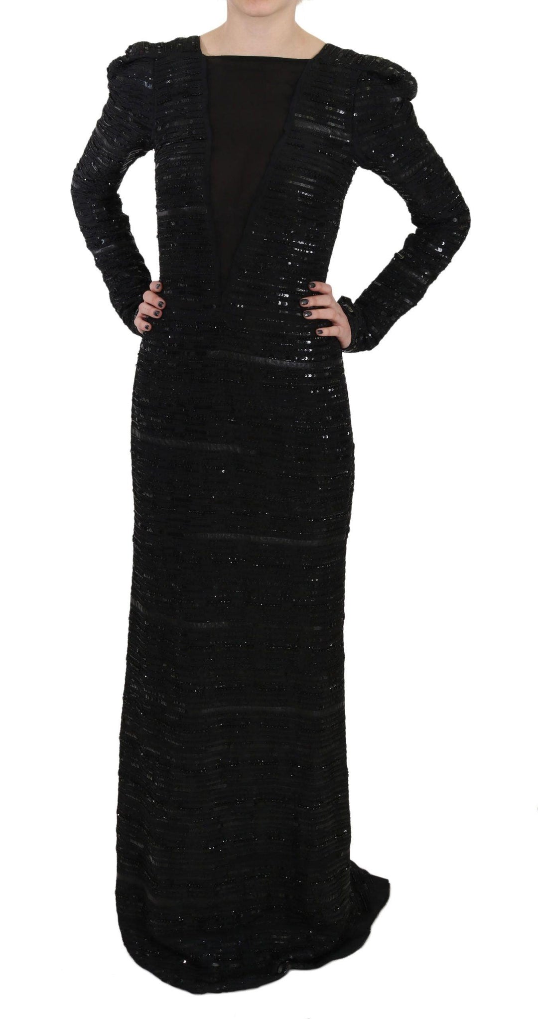 John Richmond Black Silk Full Length Sequined Gown Dress - Ellie Belle