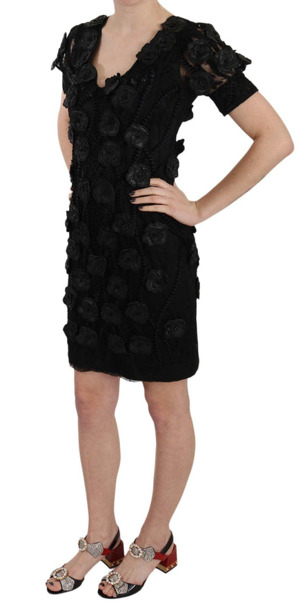 John Richmond Black Silk Leather Flowers Sheath Dress