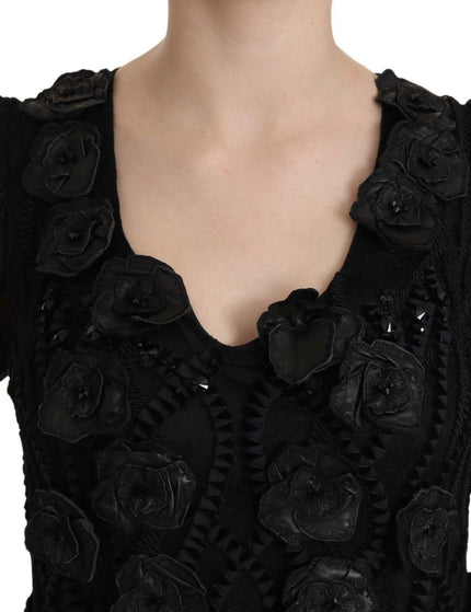 John Richmond Black Silk Leather Flowers Sheath Dress - Ellie Belle