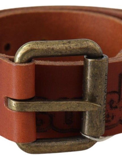 Just Cavalli Brown Leather Logo Bronze Rustic Metal Buckle Belt - Ellie Belle