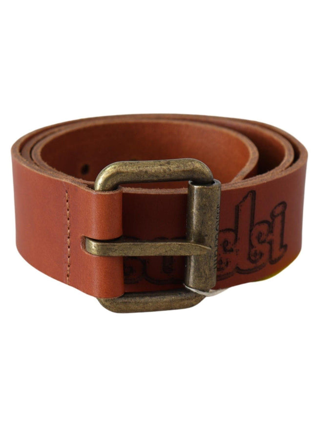 Just Cavalli Brown Leather Logo Bronze Rustic Metal Buckle Belt - Ellie Belle