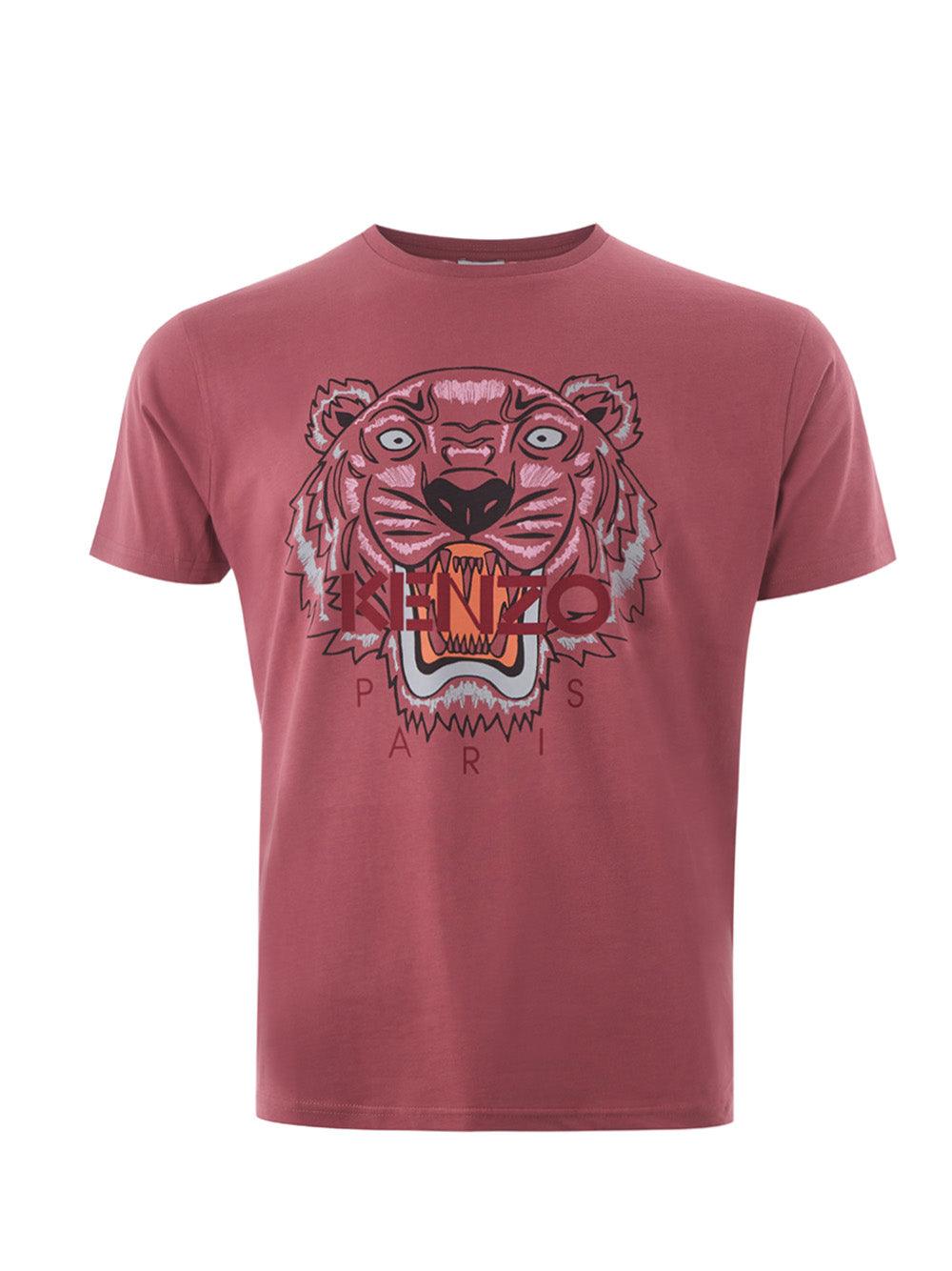 Kenzo Light Red Cotton T-Shirt with Tiger Print and Front Logo - Ellie Belle