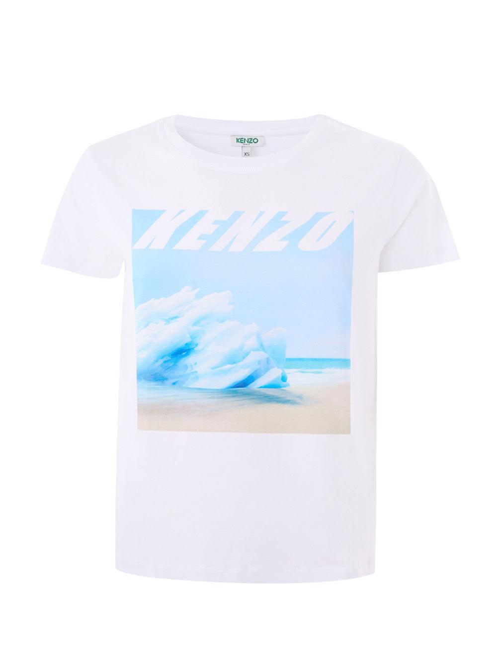 Kenzo White Cotton T-Shirt with Wave Blue Print - Ellie Belle