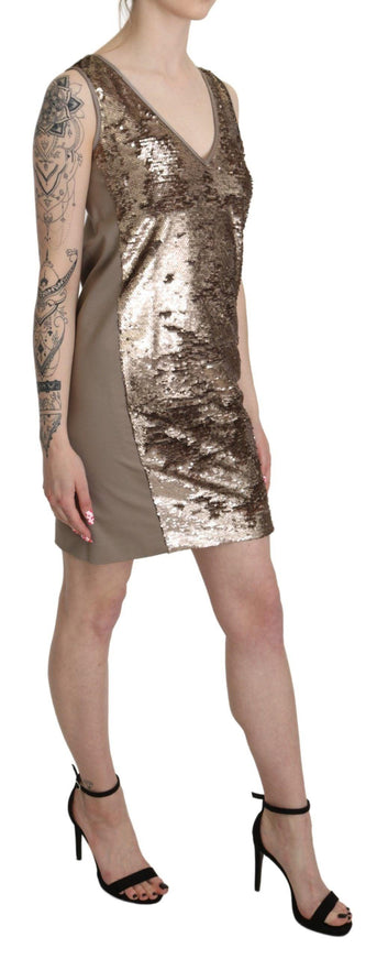 Liu Jo Brown Sequined V-neck Sleeveless Sheath Mini Dress