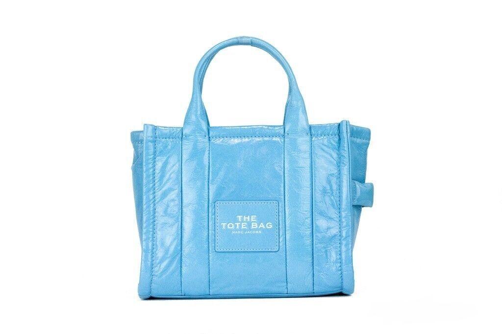 Marc Jacobs The Shiny Crinkle Mini Tote Air Blue Leather Crossbody Handbag Purse - Ellie Belle