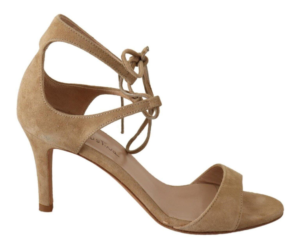 Maria Christina Beige Suede Leather Ankle Strap Pumps Shoes - Ellie Belle