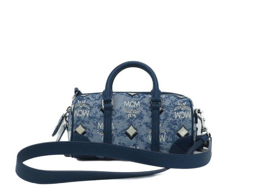 MCM Boston Mini Blue Vintage Jacquard Logo Fabric Satchel Crossbody Handbag - Ellie Belle