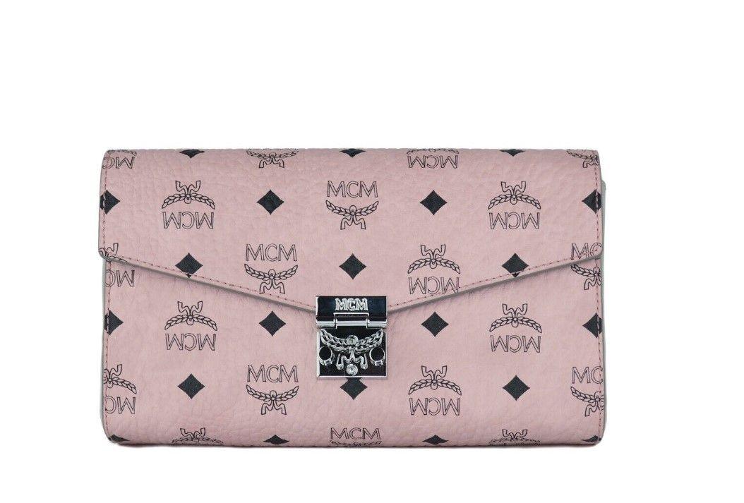 MCM Medium Soft Pink Signature Diamond Logo Leather Clutch Crossbody Handbag - Ellie Belle