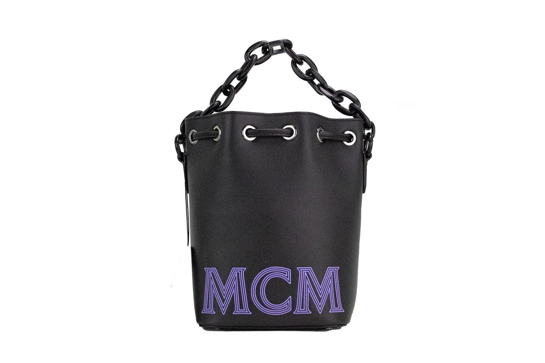 MCM Mini Black Purple Smooth Leather Chain Shoulder Drawstring Bucket Handbag - Ellie Belle