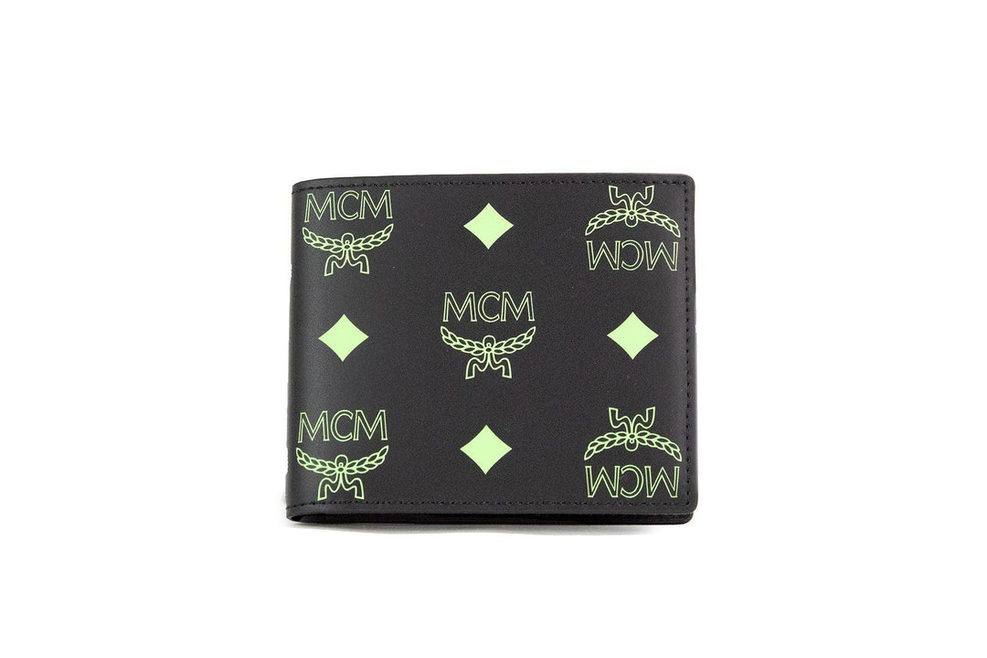 MCM Small Black Summer Green Smooth Visetos Monogram Logo Leather Bifold Wallet - Ellie Belle