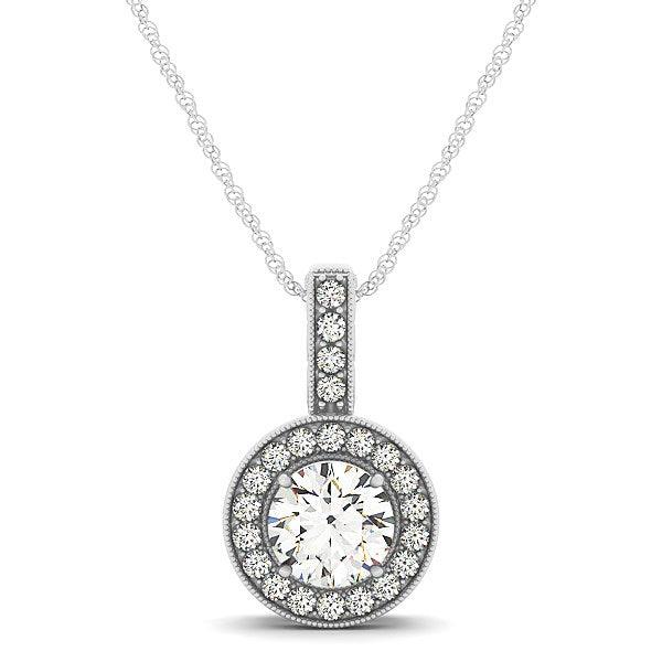 Milgrain Edge Diamond Halo Pendant in 14k White Gold (5/8 cttw) - Ellie Belle