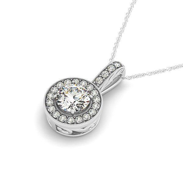 Milgrain Edge Diamond Halo Pendant in 14k White Gold (5/8 cttw) - Ellie Belle