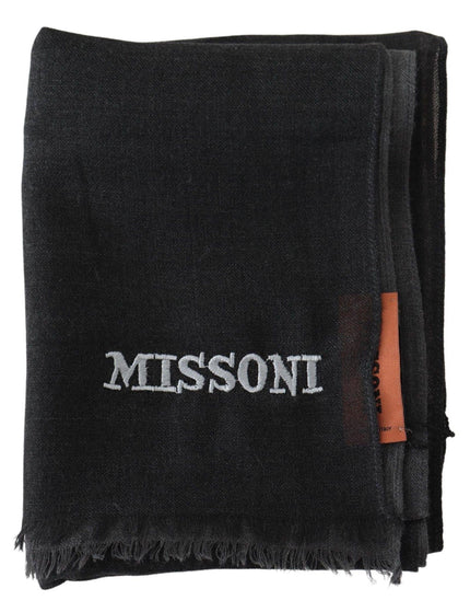 Missoni Black Wool Unisex Neck Wrap Shawl Fringes Logo Scarf - Ellie Belle