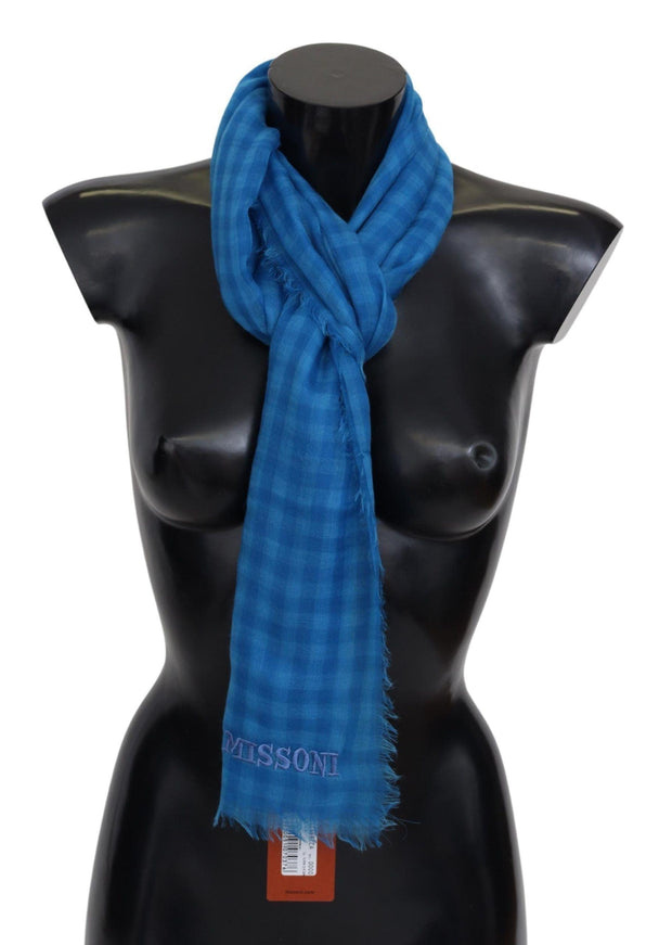 Missoni Blue Checkered Cashmere Unisex Wrap Fringes Scarf - Ellie Belle