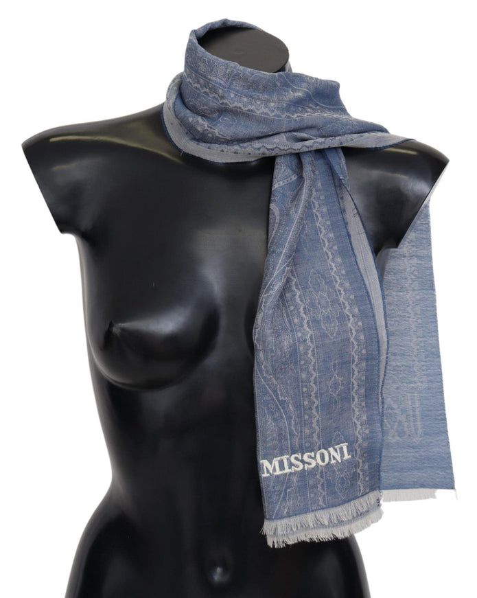 Missoni Blue Patterned Cashmere Unisex Neck Wrap Fringes Scarf - Ellie Belle