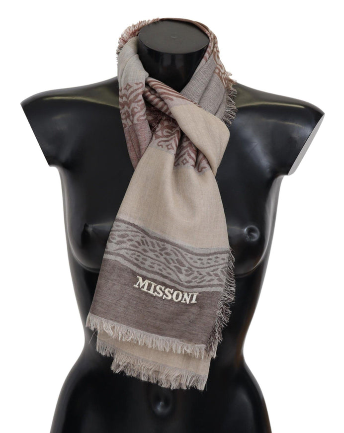 Missoni Brown Beige Wool Knit Neck Wrap Fringe Shawl - Ellie Belle