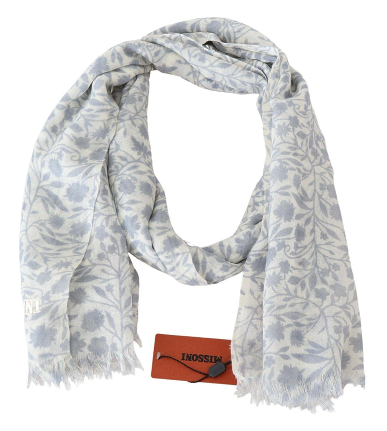 Missoni White Blue Floral Wool Knit Neck Wrap Fringe Scarf - Ellie Belle