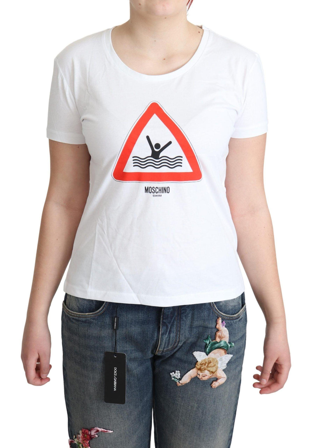 Moschino White Cotton Graphic Triangle Print T-shirt - Ellie Belle