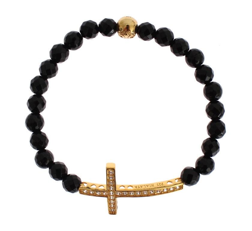 Nialaya Agate Stone Gold CZ Cross 925 Silver Bracelet - Ellie Belle