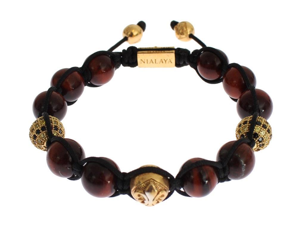 Nialaya CZ Red Tigers Eye Gold 925 Silver Bracelet - Ellie Belle