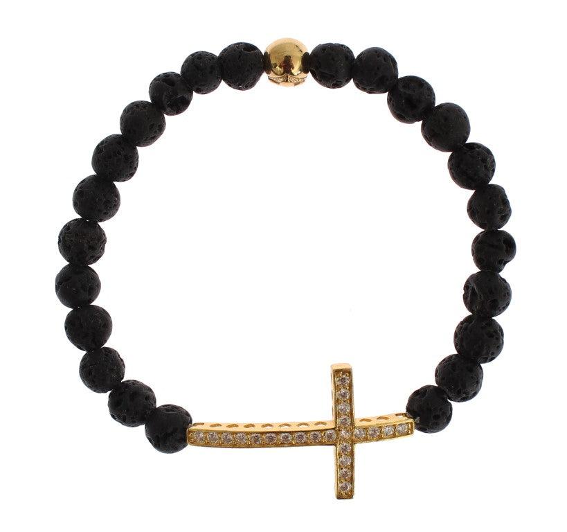 Nialaya Lava Stone Gold Clear CZ Cross 925 Silver Bracelet - Ellie Belle