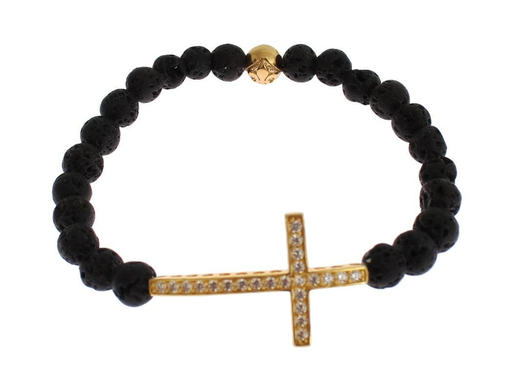 Nialaya Lava Stone Gold Clear CZ Cross 925 Silver Bracelet - Ellie Belle