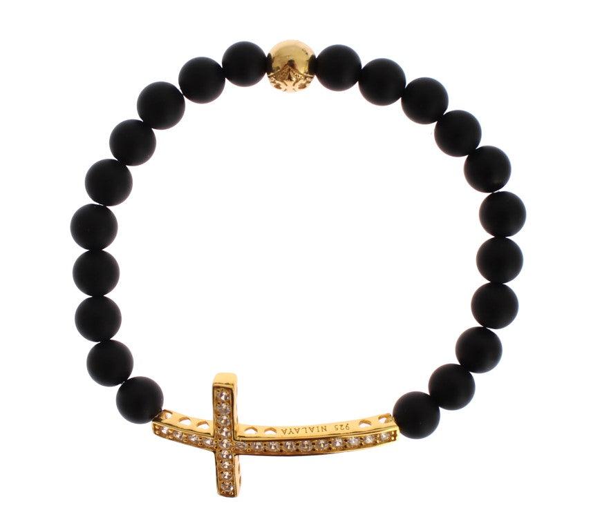 Nialaya Matte Onyx Stone Gold CZ Cross 925 Silver Bracelet - Ellie Belle