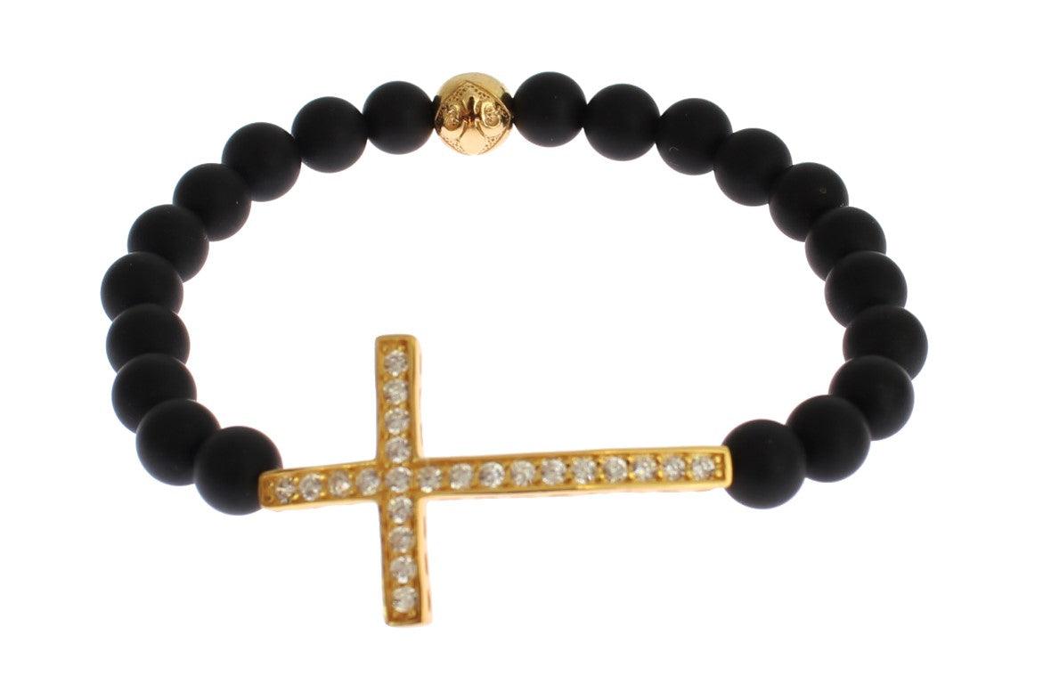 Nialaya Matte Onyx Stone Gold CZ Cross 925 Silver Bracelet - Ellie Belle