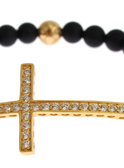 Nialaya Matte Onyx Stone Gold CZ Cross 925 Silver Bracelet - Ellie Belle
