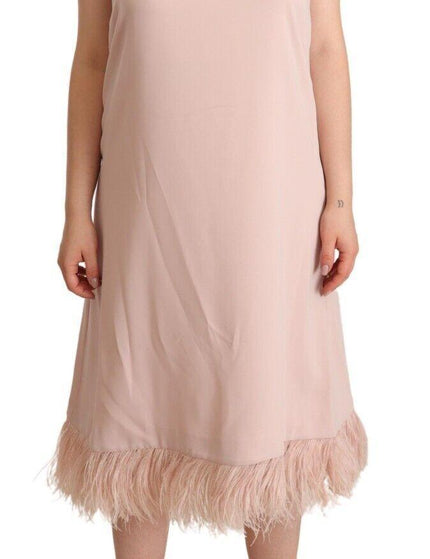 P.A.R.O.S.H. Pink Polyester Sleeveless Midi Feather Shift Dress - Ellie Belle
