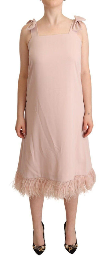 P.A.R.O.S.H. Pink Polyester Sleeveless Midi Feather Shift Dress - Ellie Belle