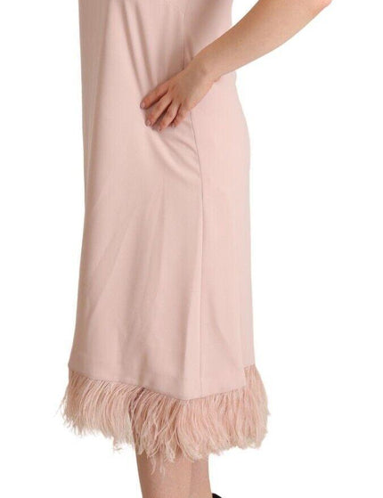 P.A.R.O.S.H. Pink Polyester Sleeveless Midi Feather Shift Dress - Ellie Belle