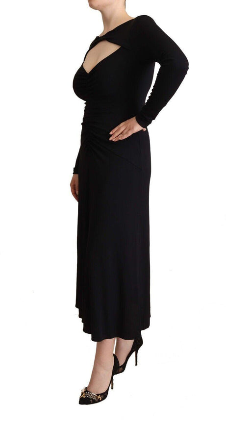 PINKO Black Nylon Stretch Long Sleeves Deep V-neck Maxi Dress - Ellie Belle