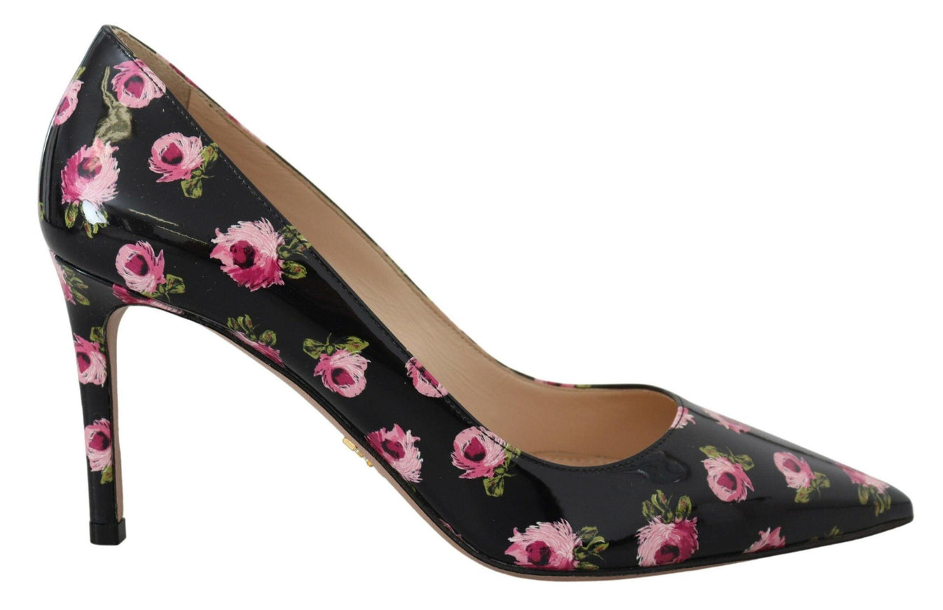 Prada Black Leather Floral Heels Stilettos Pumps