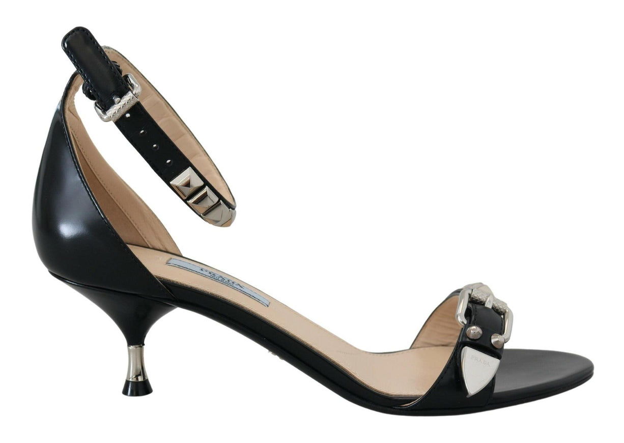 Prada Black Leather Sandals Ankle Strap Heels Studded Shoes - Ellie Belle