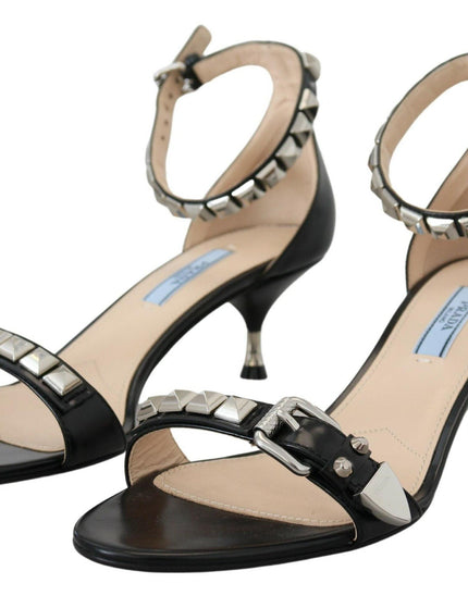 Prada Black Leather Sandals Ankle Strap Heels Studded Shoes - Ellie Belle