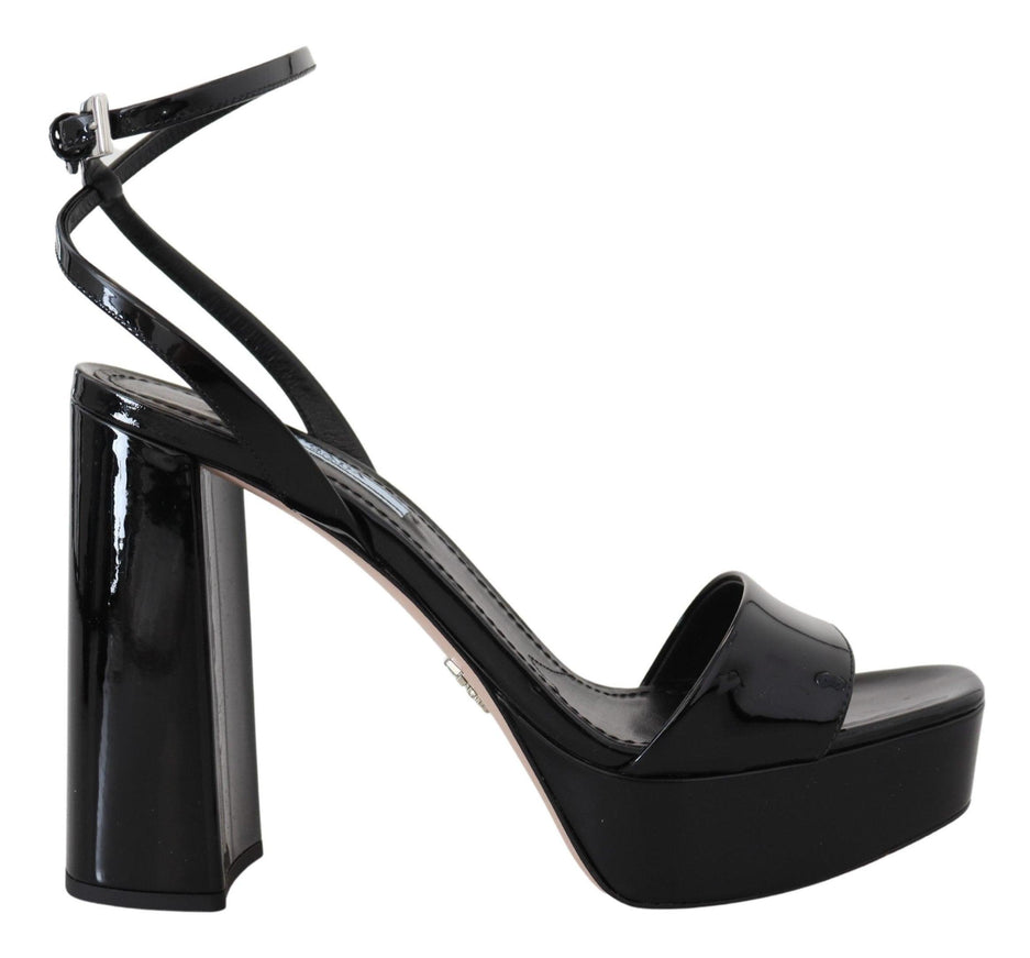 Prada Black Patent Sandals Ankle Strap Heels Leather - Ellie Belle