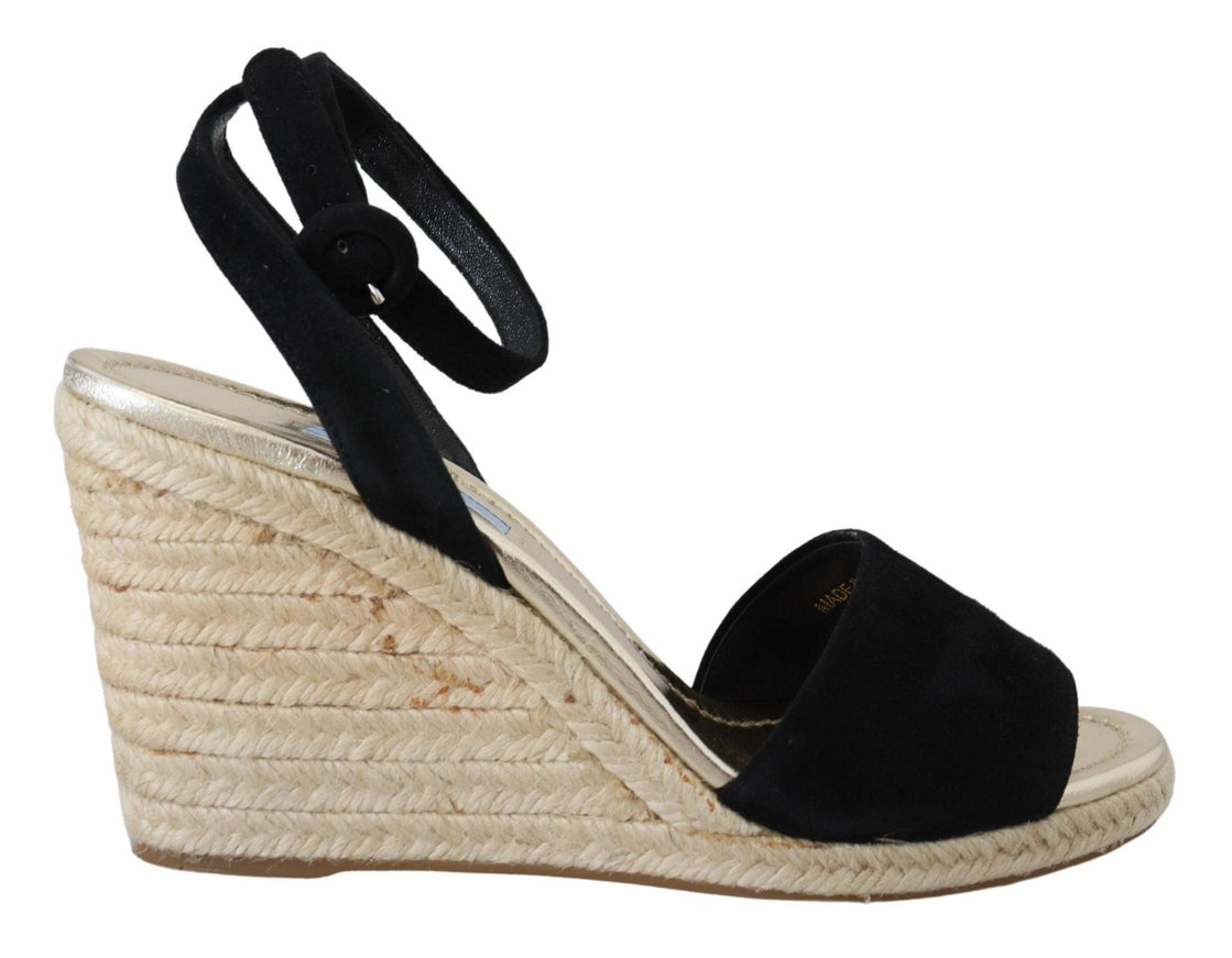 Prada Black Wedges Sandals Ankle Strap Suede Leather Shoes - Ellie Belle