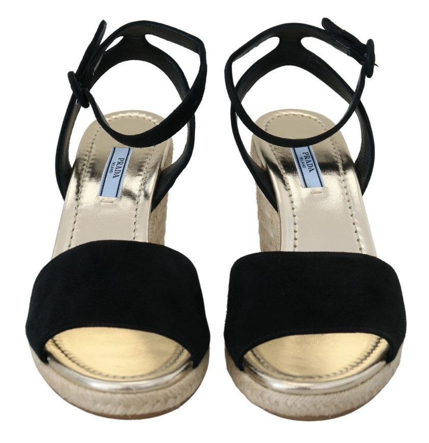 Prada Black Wedges Sandals Ankle Strap Suede Leather Shoes - Ellie Belle