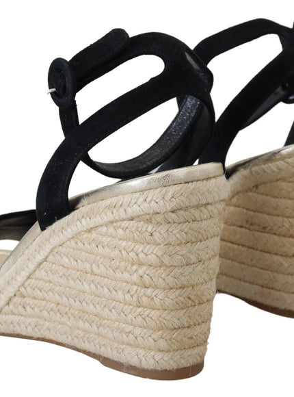 Prada Black Wedges Sandals Ankle Strap Suede Leather Shoes - Ellie Belle