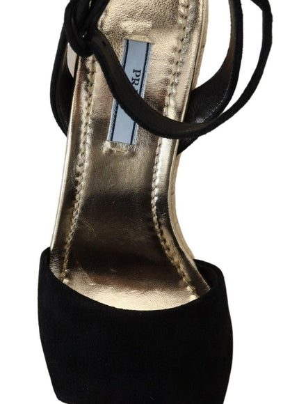 Prada Black Wedges Sandals Ankle Strap Suede Leather Shoes - Ellie Belle