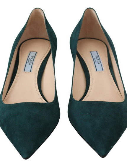 Prada Green Suede Leather Cone Heels Pumps Shoes - Ellie Belle